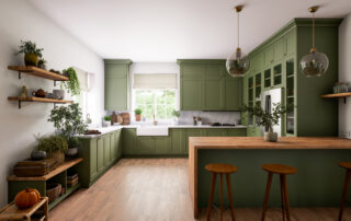 Sage green-painted kitchen cabinets with wood countertop island, pendant lighting, and white apron sink. how long does it take paint to cure